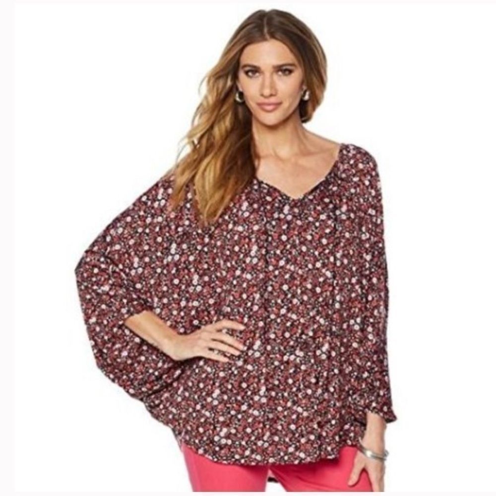 NWT Diane Gilman DG2 Floral Peasant Top Bat WIng Sleeves Size XL Career Church